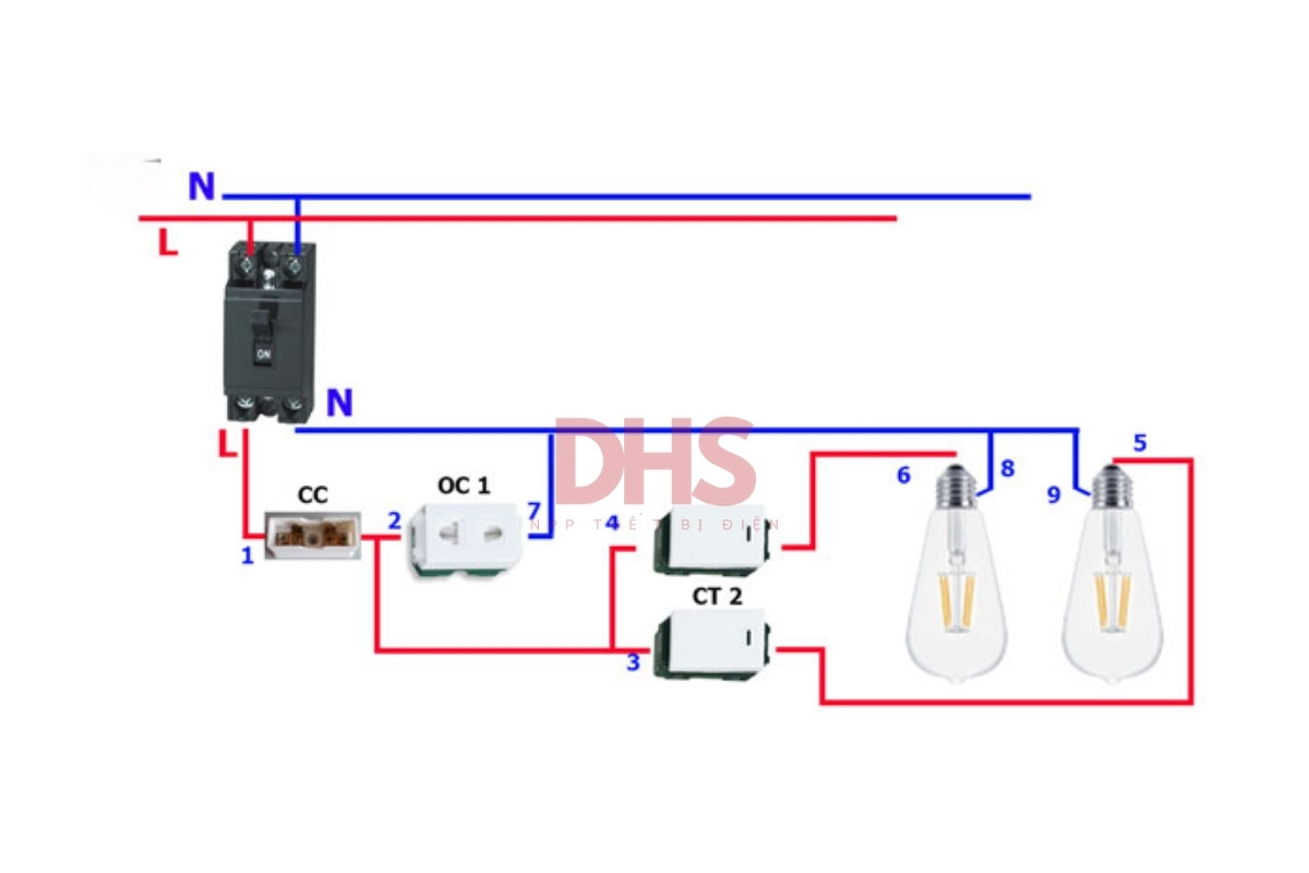 Cách đấu nối hai công tắc kết hợp ổ cắm điện 