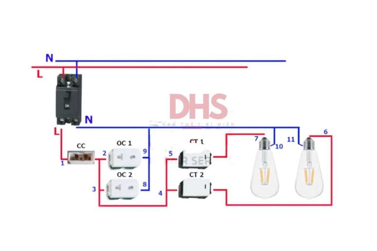 Đấu 2 công tắc và 2 bóng đèn âm tường